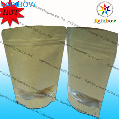 Levántese las bolsas de papel modificadas para requisitos particulares Kraft Ziplock de Brown con la ventana para el empaquetado del bocado
