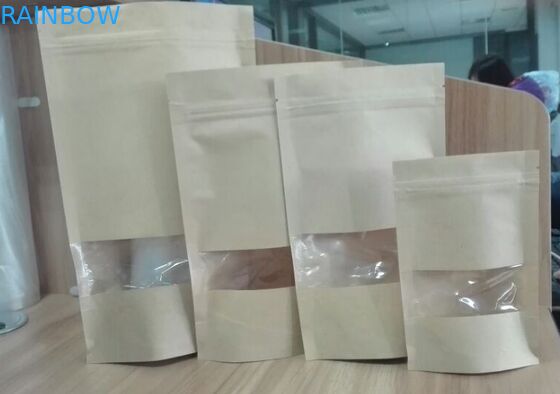 Brown Ziplock se levanta bolsos modificados para requisitos particulares bolsa del acondicionamiento de los alimentos de las bolsas de papel con la ventana clara