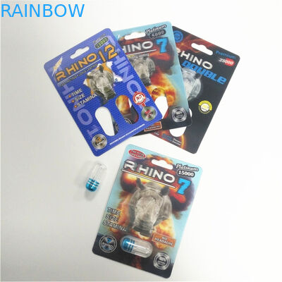 Píldora de aumento del funcionamiento sexual masculino que empaqueta la bala del envase del rinoceronte de la tarjeta 3D