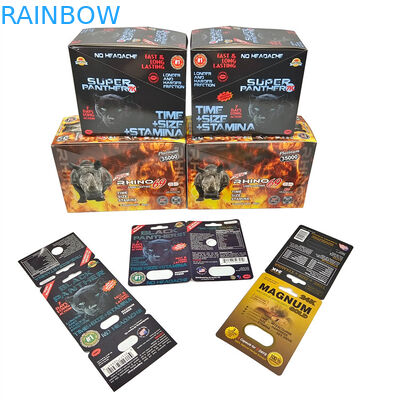 Venta caliente de pastillas de rinoceronte sello de miel de aluminio puro papel laminado bolsas de botella 3D efecto de la tarjeta de visualización de la caja de embalaje