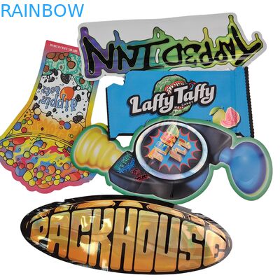 Bolsas de Mylar troqueladas con forma holográfica y cremallera resellable, papel de aluminio termosellable, bolsa irregular troquelada para gomitas de hongos