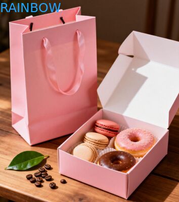 Premium Food Grade Base plegable y caja de tapa para pastel Sushi Macaron postres Panadería caja de regalos con bolsa de papel