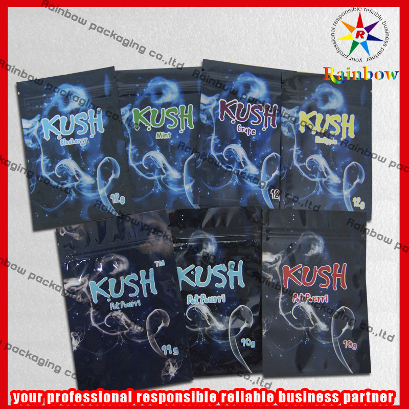 Las bolsas de plástico de la cremallera del papel de aluminio de Kush, bolso colorido de la cremallera del incienso herbario