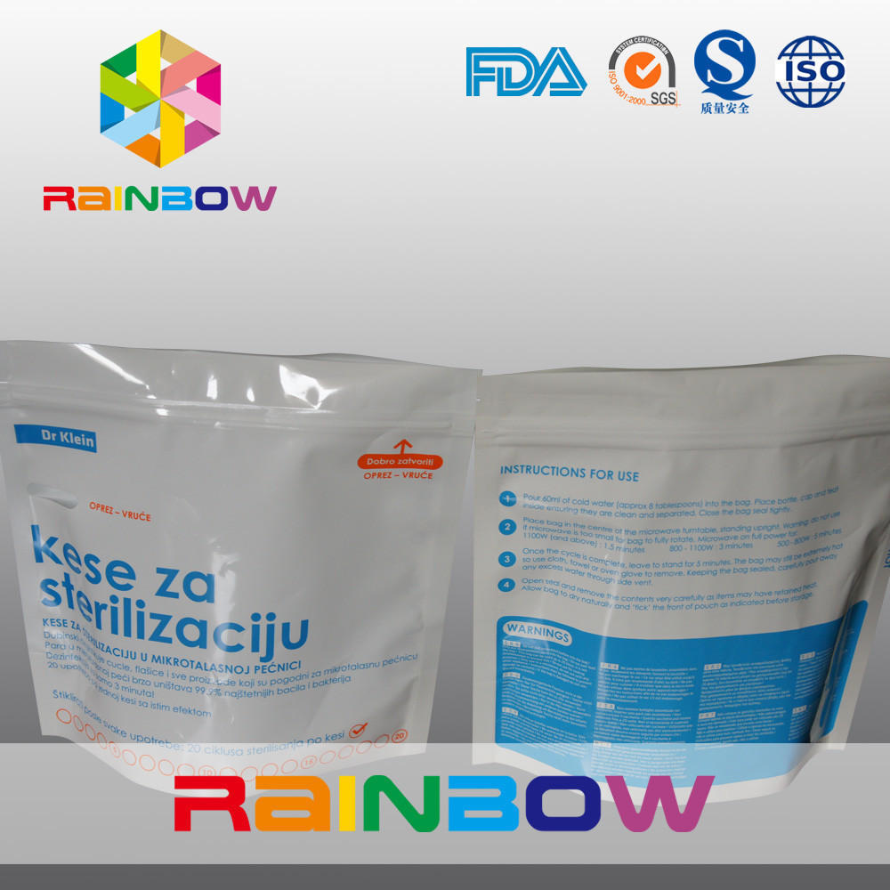 Standd material laminado encima del bolso de la bolsa del esterilizador de la microonda con el ziplock para la bolsita de la microonda del biberón/de la cremallera