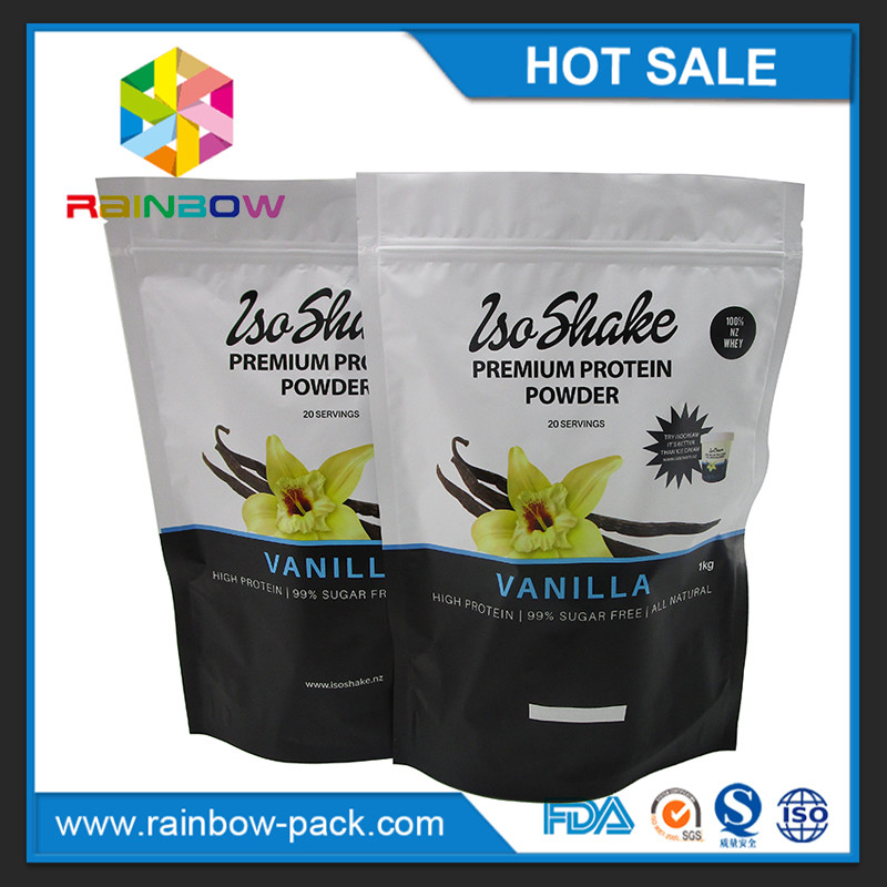 el papel de aluminio mate del final se levanta el empaquetado que se puede volver a sellar del polvo de la proteína de los suplementos de la nutrición