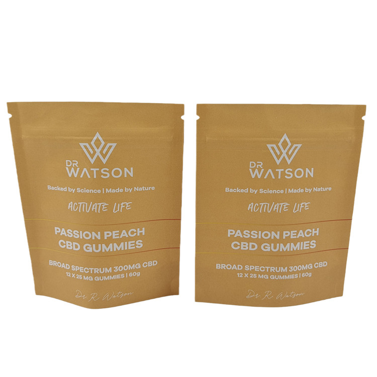 Venta caliente Diseño personalizado Impreso Biodegradable Bolsa de papel Kraft Stand Up Eco Friendly Gummie Candy Embalaje