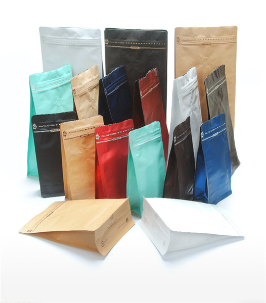 Bolsas de embalaje de papel kraft impreso Bolsas de café de fondo plano con válvula de desgasificación