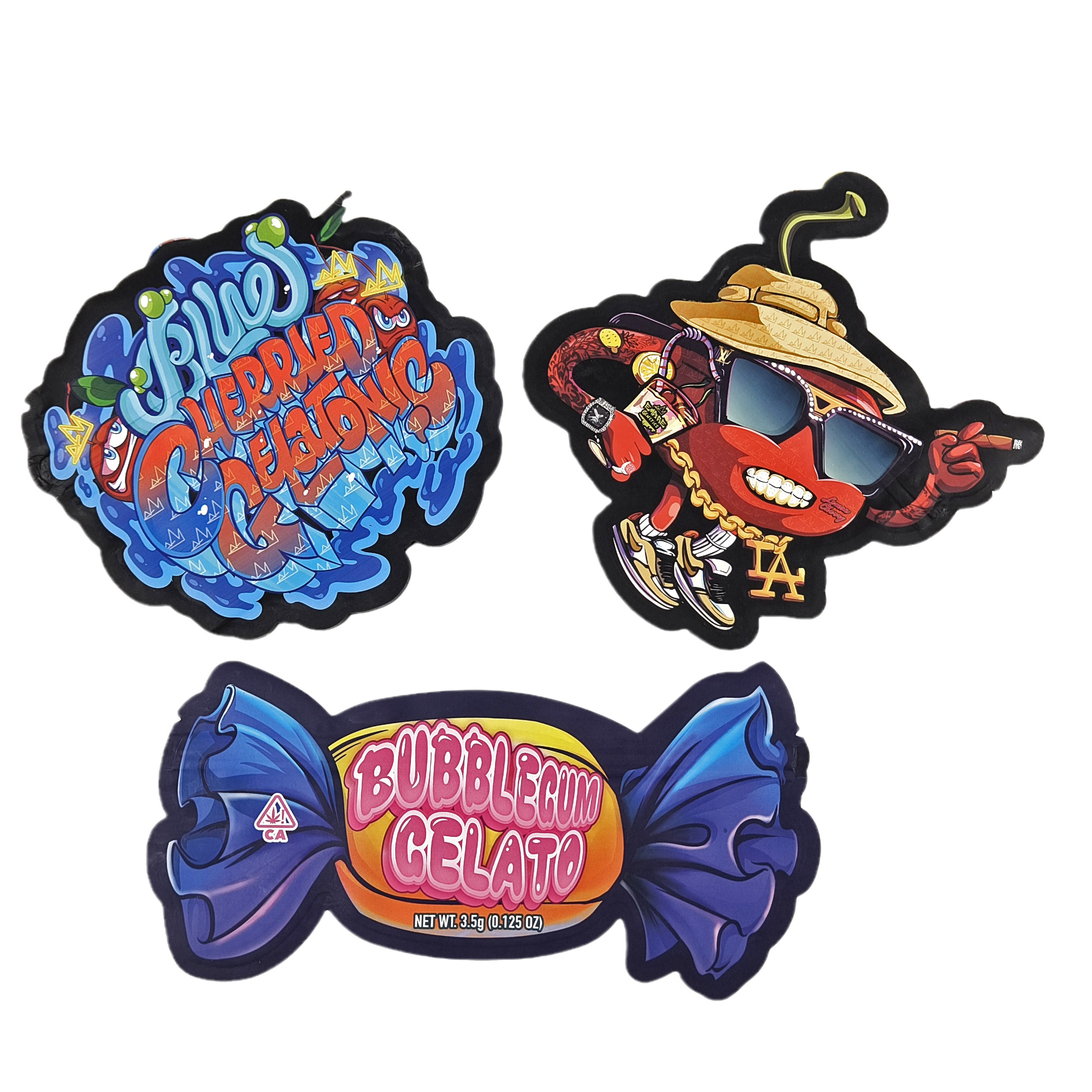 Logotipo personalizado de color mate Bolsa de plástico en forma de rebloqueable a prueba de olor de corte por die Ziplock 3.5 bolsas de Mylar para dulces