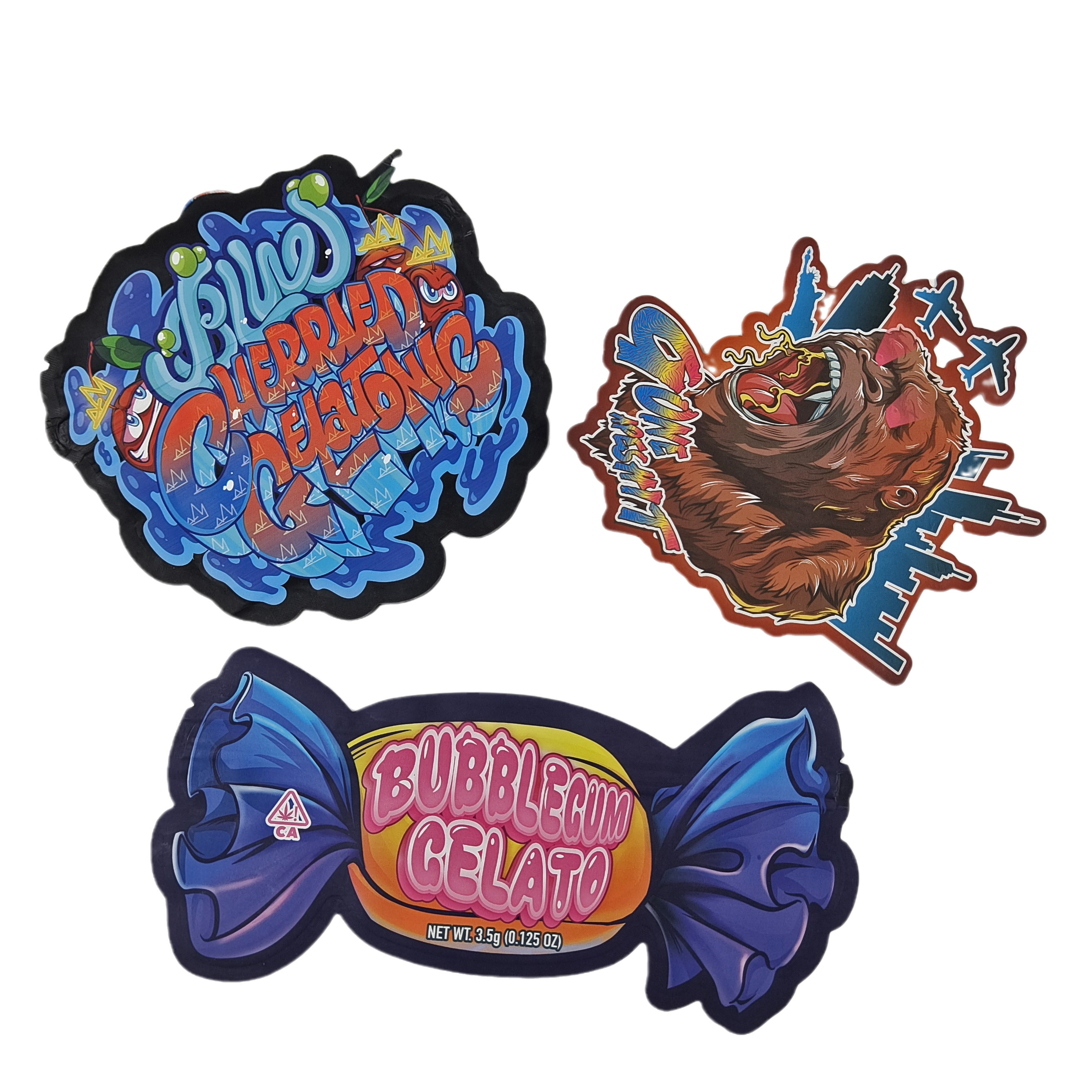 Impresión digital personalizada con corte a presión irregular 3.5g Bolsa de forma especial de alimentos plástico de cerradura envasado Bolsas Mylar