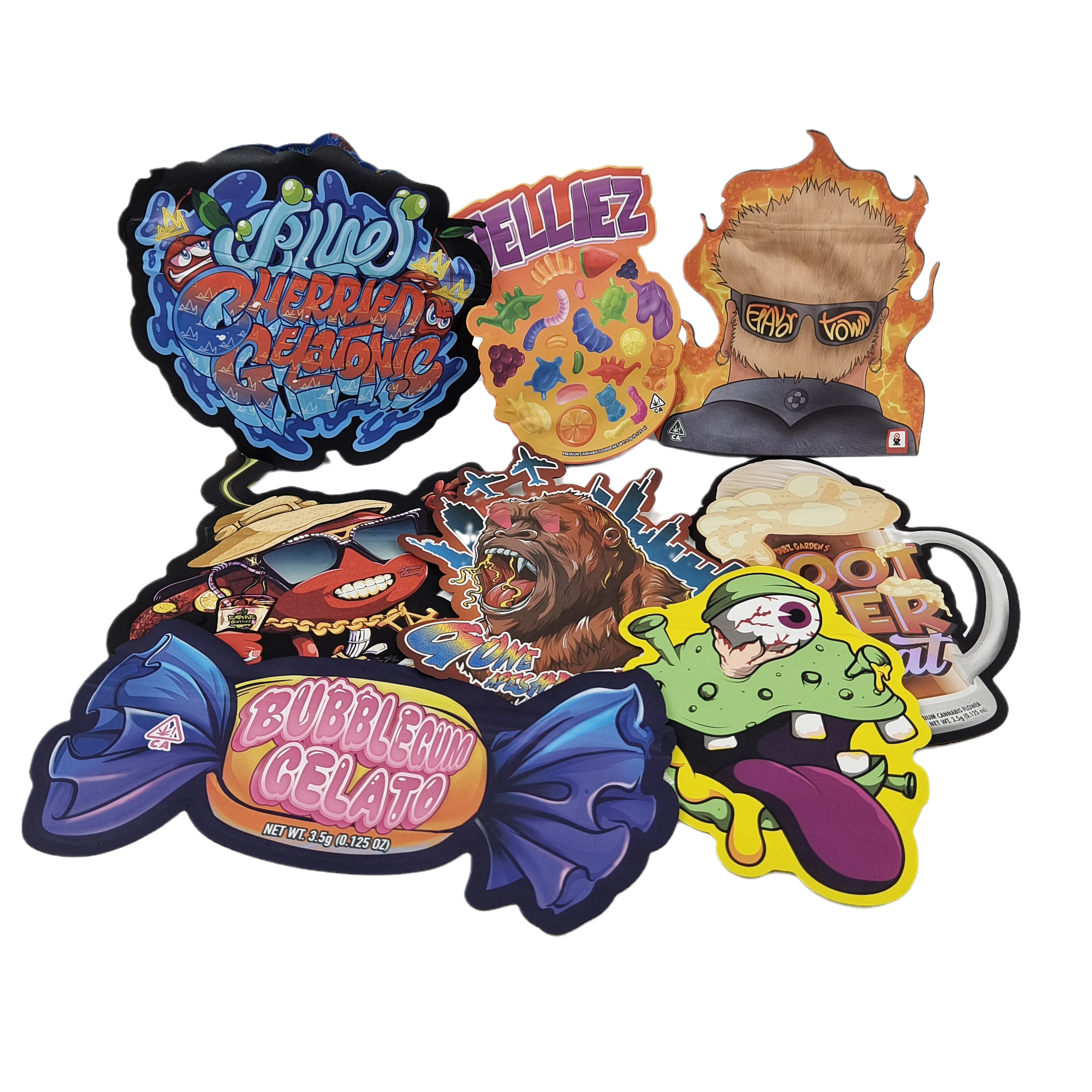 3.5g Bolsas de milar impresas a medida Bolsas de cierre de corte a presión de forma irregular Bolsas de embalaje para bocadillos dulces de galletas