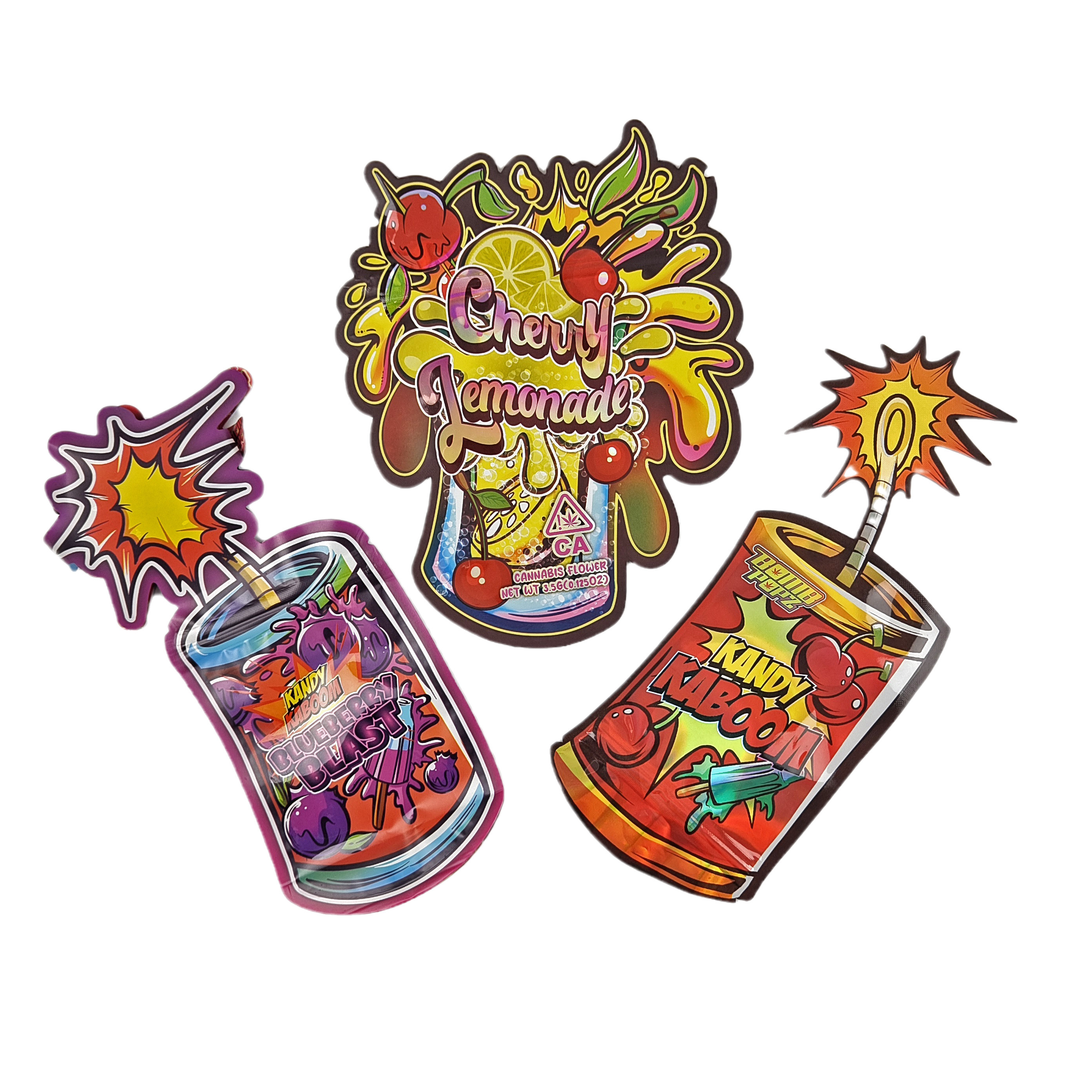 Embalaje de forma irregular Diseño personalizado con papel holográfico ziplock 3.5g a prueba de olor bolsas Mylar de corte a presión