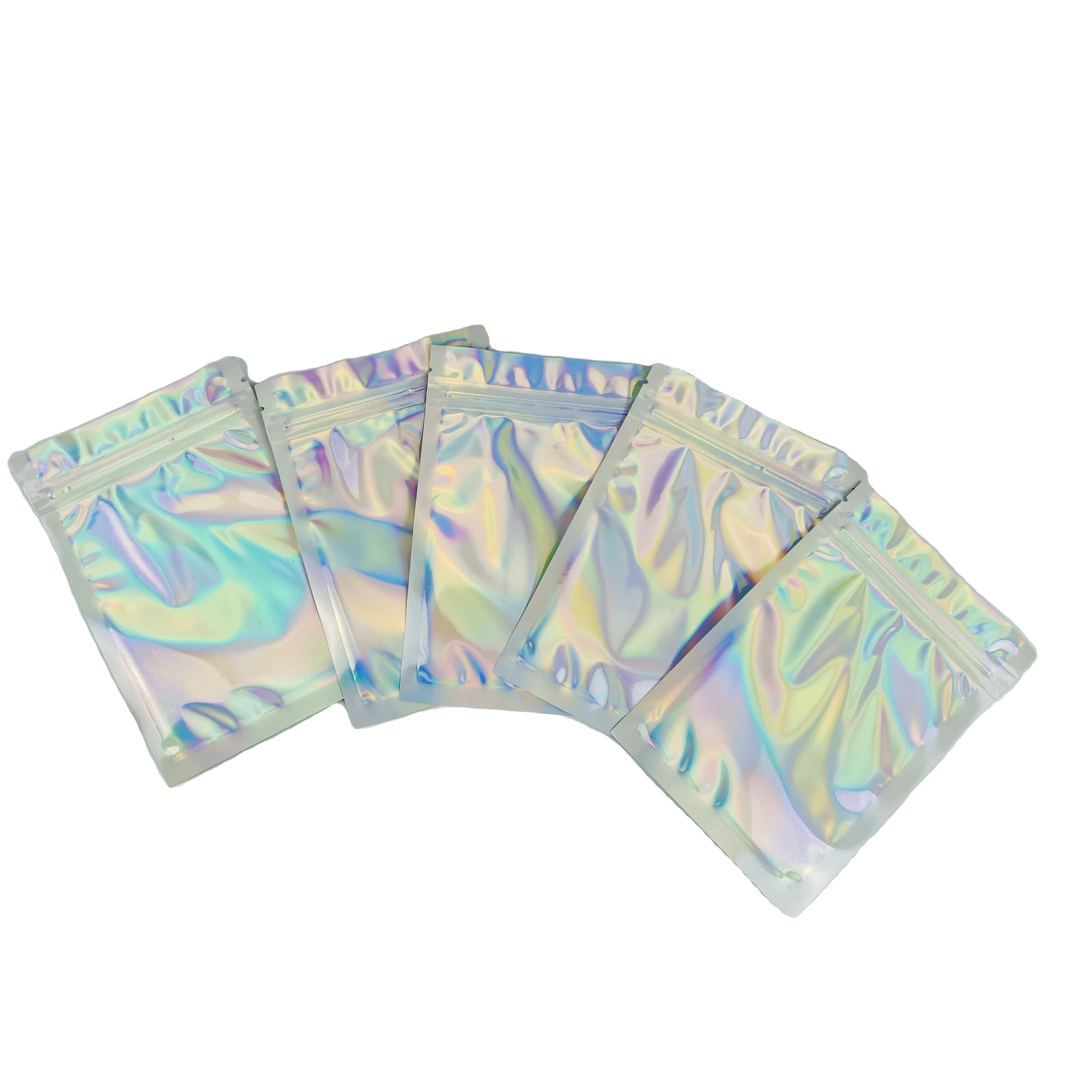 Logotipo personalizado Bolsas de cierre con cremallera Película holográfica plana Mini Mylar Sello de tres lados