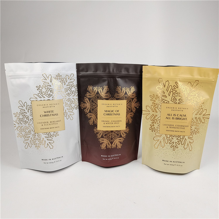 Pack de moda de alta calidad vuelve a cerrar fácil línea de lágrimas Mylar bolsas de sal de baño bolsa de embalaje