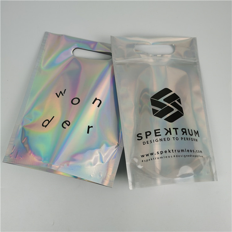 Logotipo personalizado de alta calidad Impreso Fashion Pack espesor personalizado film holográfico a prueba de fugas bolsas Mylar