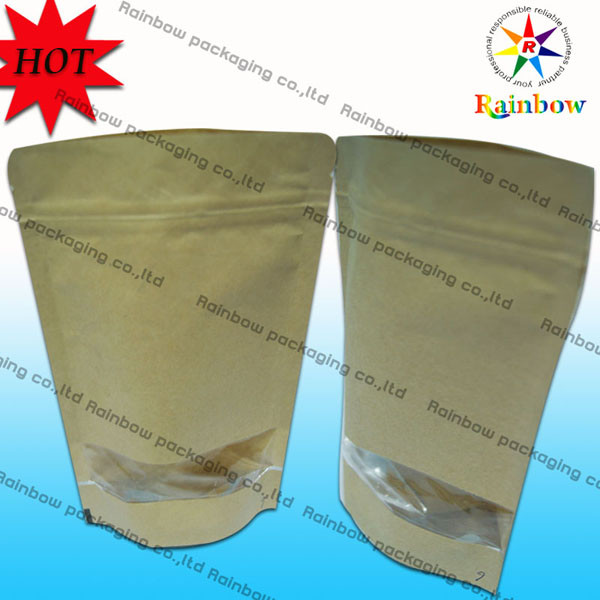 Levántese las bolsas de papel modificadas para requisitos particulares Kraft Ziplock de Brown con la ventana para el empaquetado del bocado
