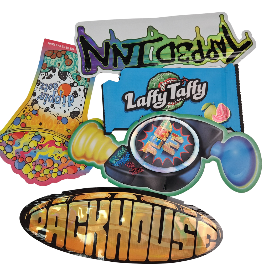 Bolsas de Mylar troqueladas con forma holográfica y cremallera resellable, papel de aluminio termosellable, bolsa irregular troquelada para gomitas de hongos