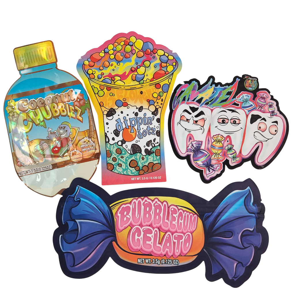 Logotipo personalizado 3.5g 7g 14g PE resealable sello de plástico para alimentos Embalaje Zip Lock Bolsa de papel aluminio Infantil A prueba de olor hierba goma bolsa Mylar