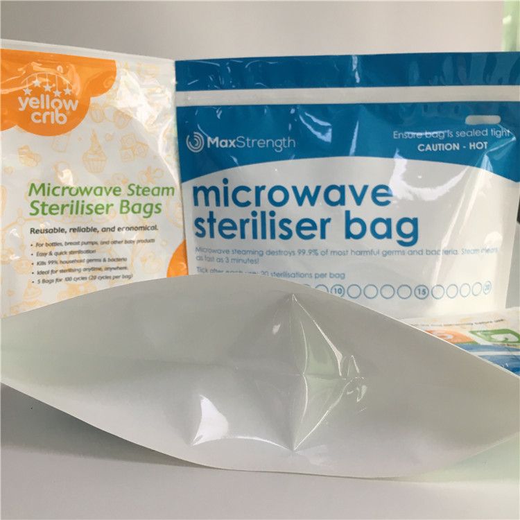 Los bolsos Ziplock del escudete de la parte inferior de la microonda brillantes se levantan la bolsa plástica de la réplica del esterilizador